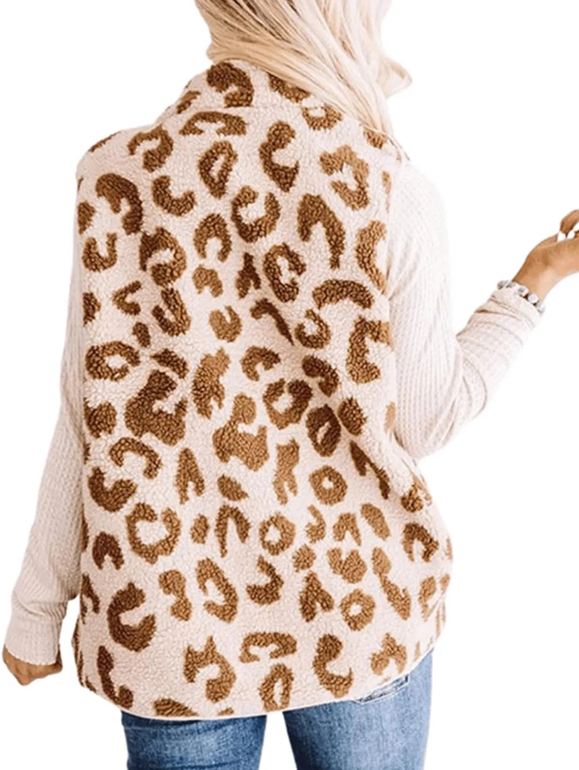 RINTONIX Womens Sleeveless Zip Up Fuzzy Leopard Sherpa Vest Coat with Pocket Cheetah Polar Fleece Zipper Vest Cardigan