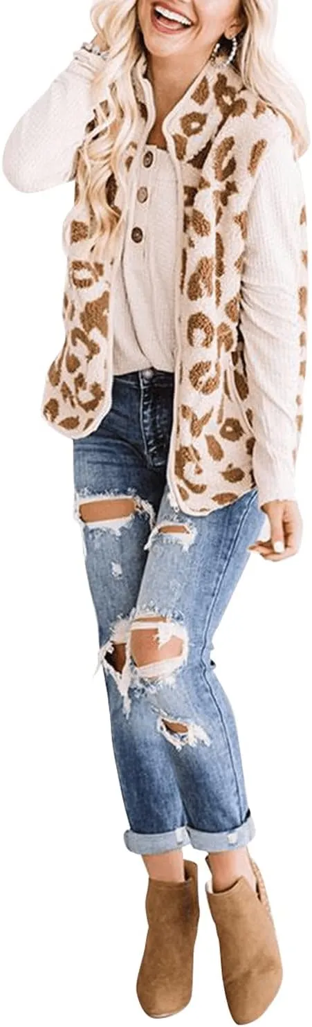 RINTONIX Womens Sleeveless Zip Up Fuzzy Leopard Sherpa Vest Coat with Pocket Cheetah Polar Fleece Zipper Vest Cardigan