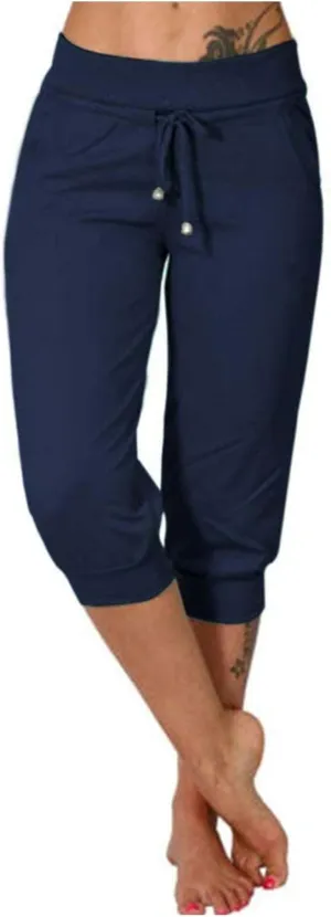 RKSTN Women's Yoga Pants Stretchy Soft Drawstring Workout Capri Pants Outdoor Athletic Causal Capris with Pockets