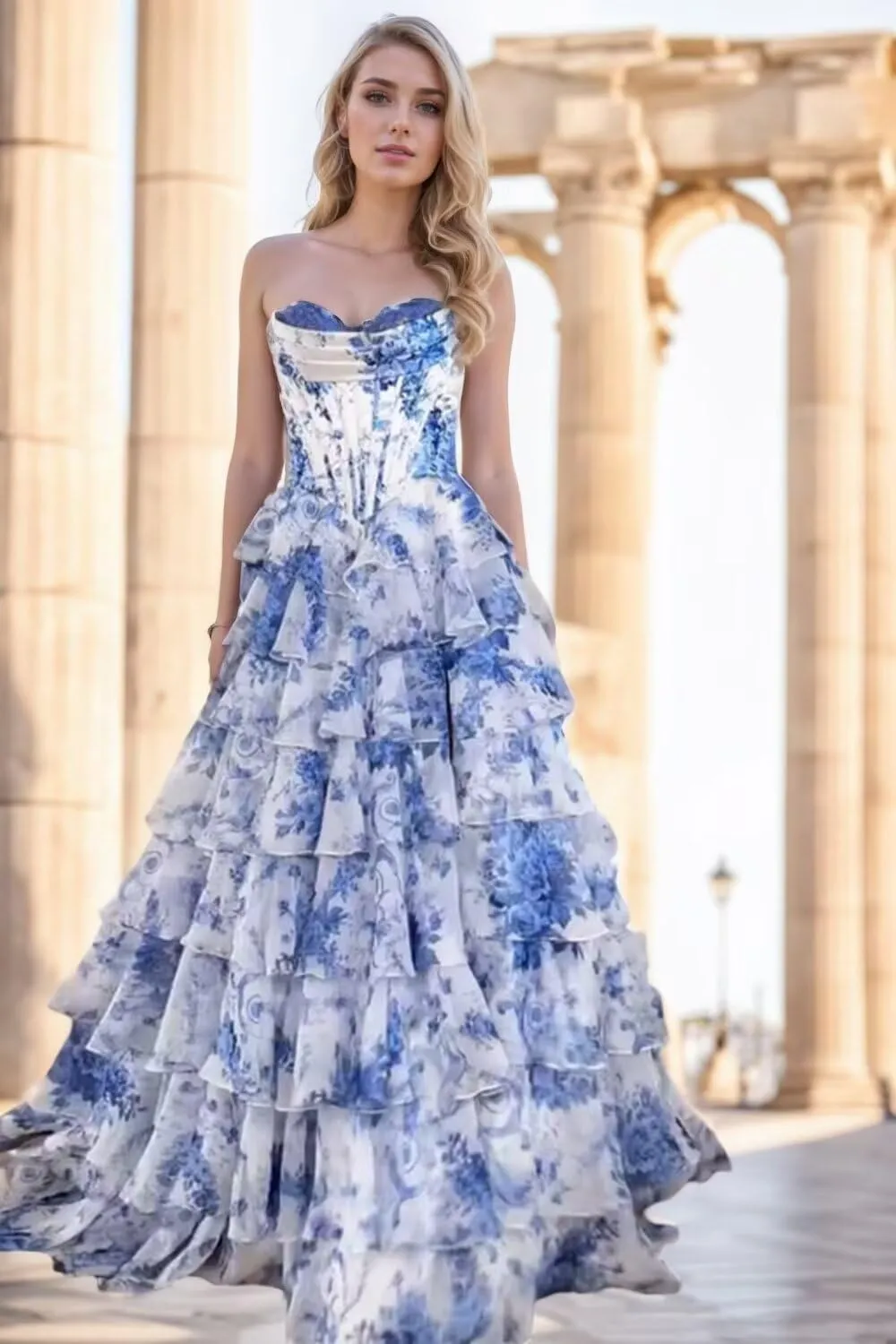 Ruffles Floral Chiffon Prom Dress Strapless Long Formal Evening Gowns for Women Tiered Sweetheart Ball Gown with Slit
