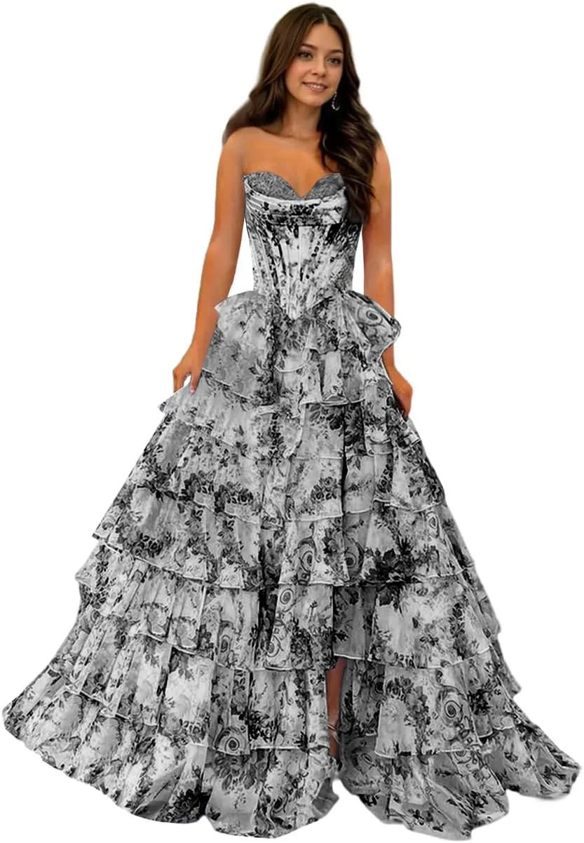Ruffles Floral Chiffon Prom Dress Strapless Long Formal Evening Gowns for Women Tiered Sweetheart Ball Gown with Slit