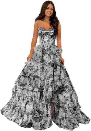 Ruffles Floral Chiffon Prom Dress Strapless Long Formal Evening Gowns for Women Tiered Sweetheart Ball Gown with Slit