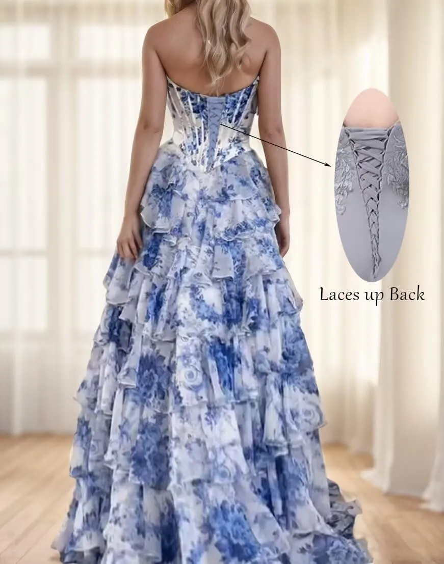 Ruffles Floral Chiffon Prom Dress Strapless Long Formal Evening Gowns for Women Tiered Sweetheart Ball Gown with Slit