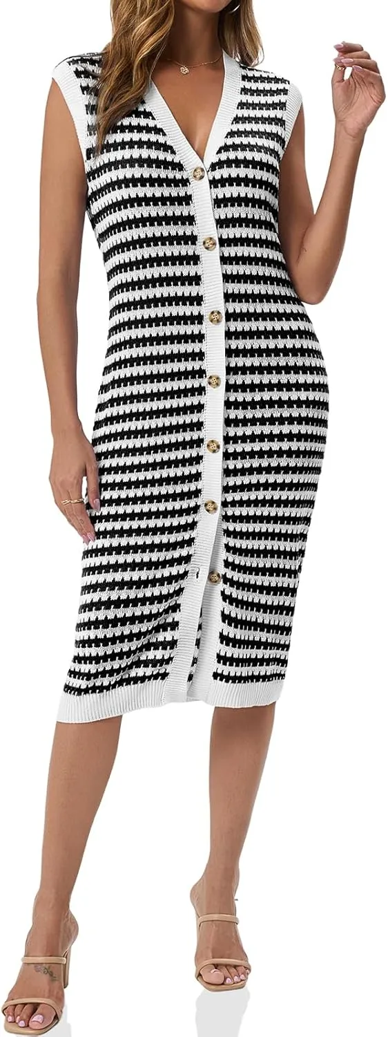 Saodimallsu Womens Striped Midi Dress Summer Button Down Sleeveless V Neck Knit Sweater Dresses Long Cardigan Vest
