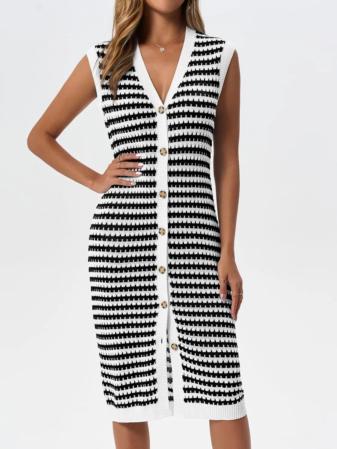 Saodimallsu Womens Striped Midi Dress Summer Button Down Sleeveless V Neck Knit Sweater Dresses Long Cardigan Vest