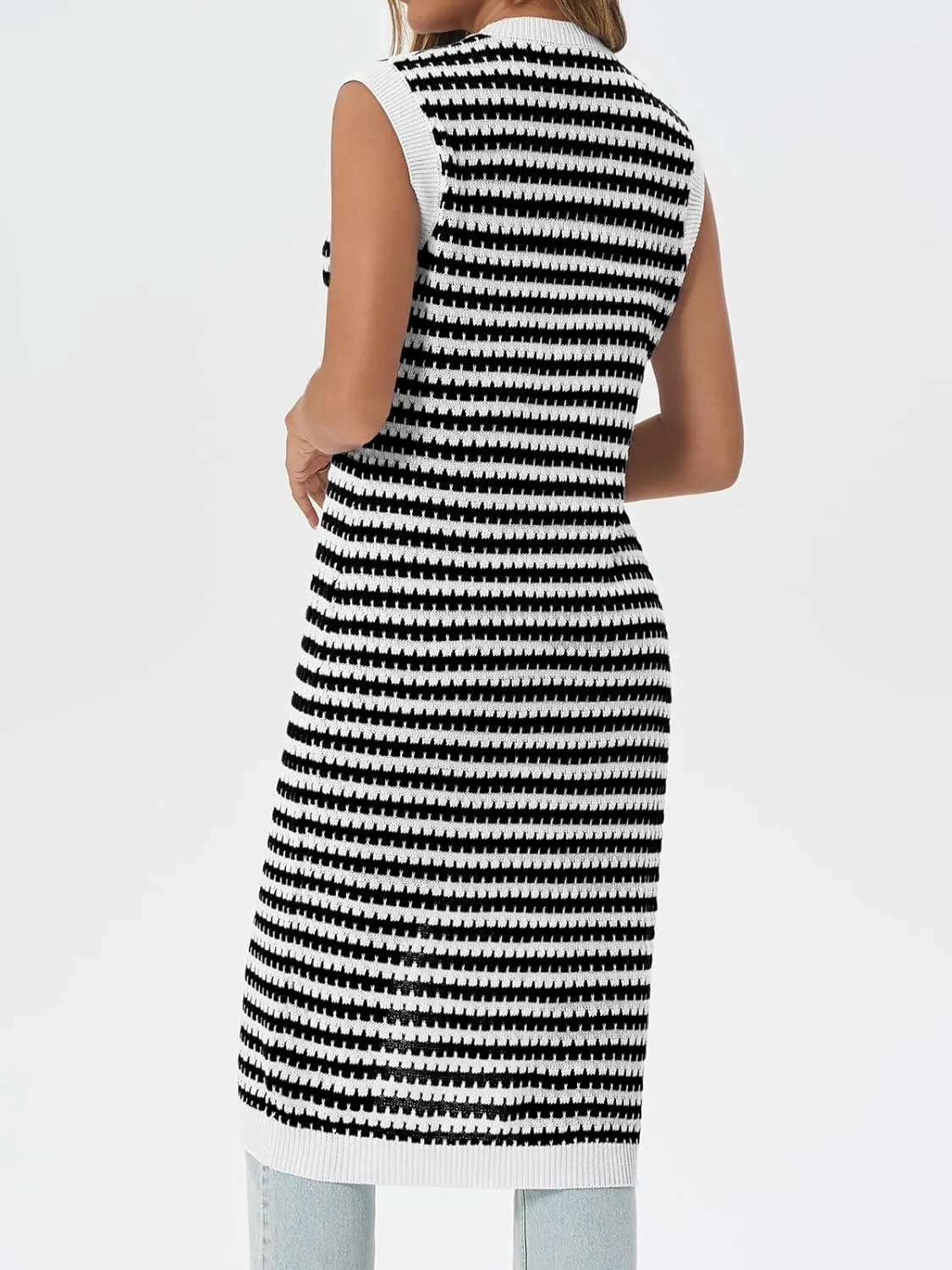 Saodimallsu Womens Striped Midi Dress Summer Button Down Sleeveless V Neck Knit Sweater Dresses Long Cardigan Vest