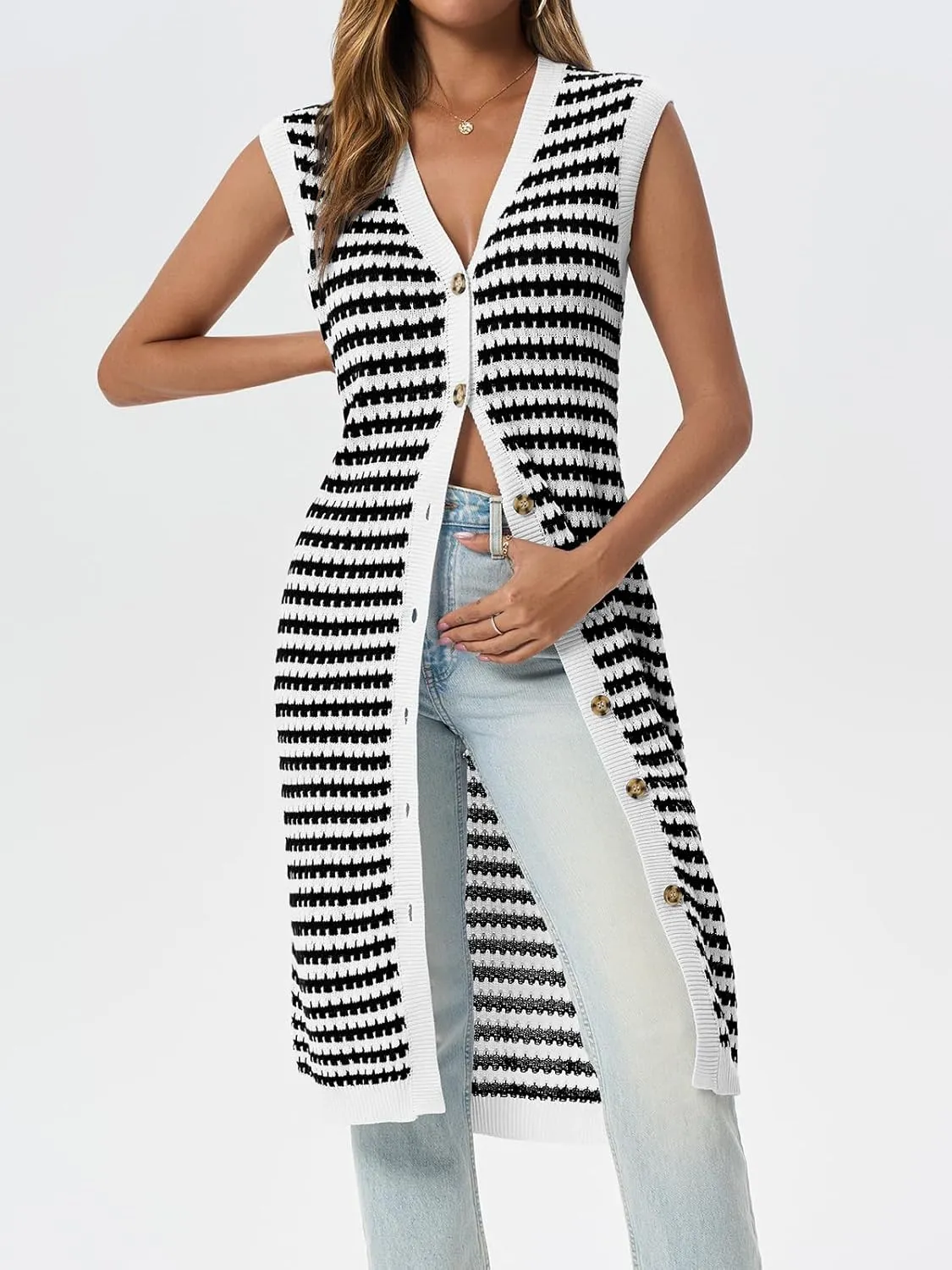 Saodimallsu Womens Striped Midi Dress Summer Button Down Sleeveless V Neck Knit Sweater Dresses Long Cardigan Vest