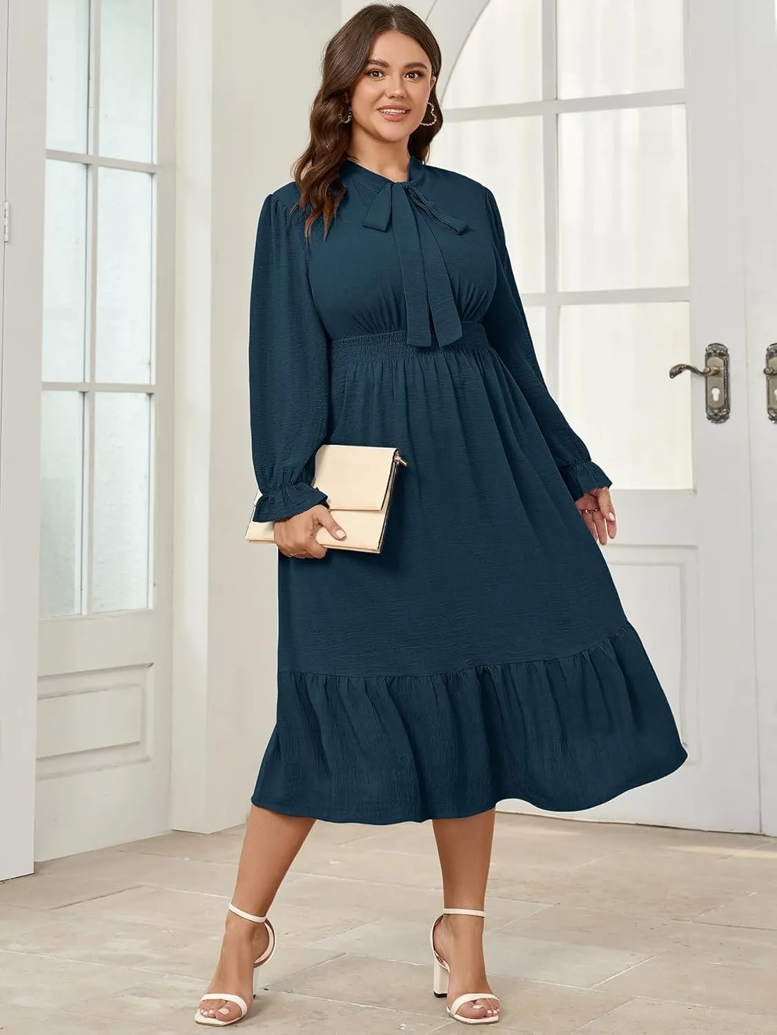 SCOMCHIC Womens Plus Size Midi Dress Flowy A Line Bow Tie Swing Dress Formal Work Party Cocktail Dresses for Wedding Guest