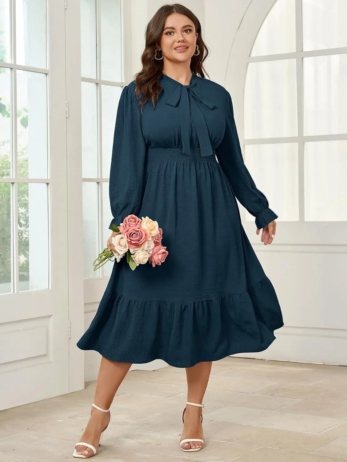 SCOMCHIC Womens Plus Size Midi Dress Flowy A Line Bow Tie Swing Dress Formal Work Party Cocktail Dresses for Wedding Guest
