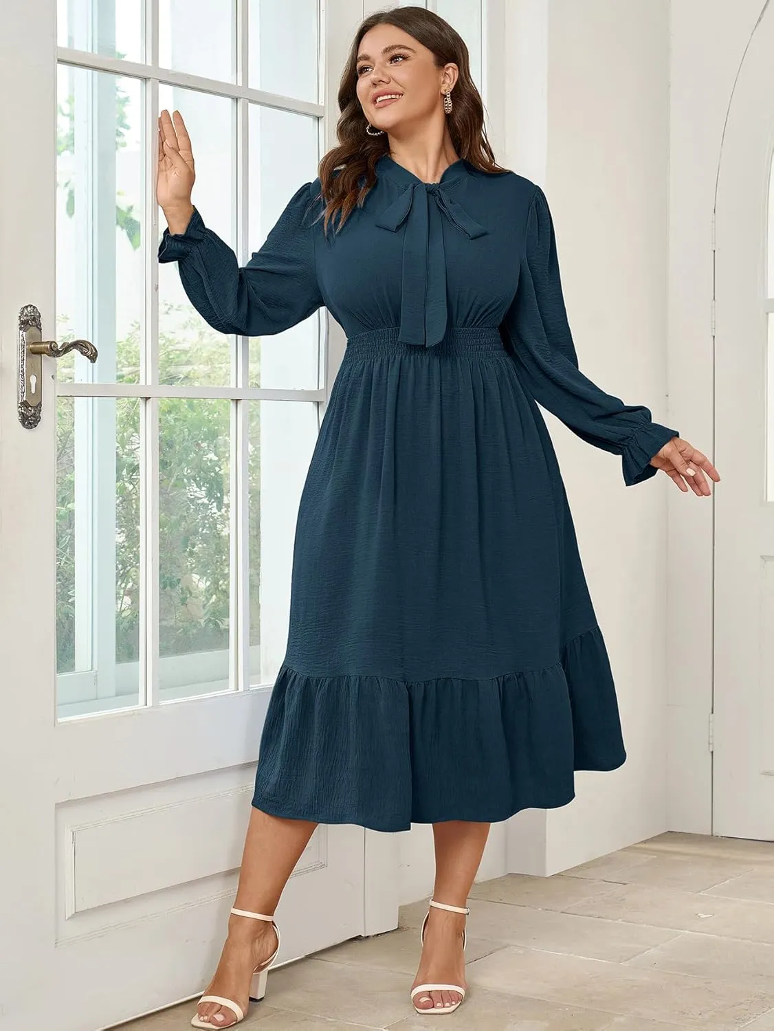 SCOMCHIC Womens Plus Size Midi Dress Flowy A Line Bow Tie Swing Dress Formal Work Party Cocktail Dresses for Wedding Guest