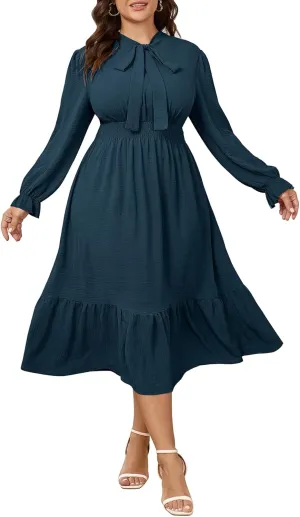 SCOMCHIC Womens Plus Size Midi Dress Flowy A Line Bow Tie Swing Dress Formal Work Party Cocktail Dresses for Wedding Guest