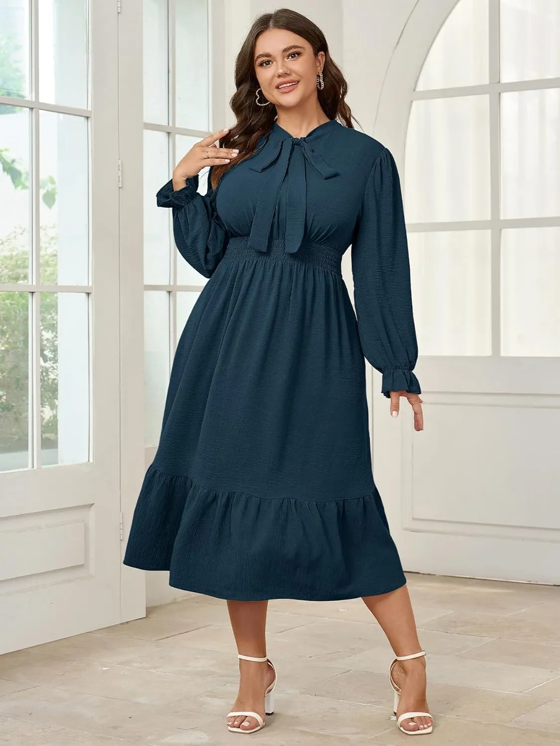 SCOMCHIC Womens Plus Size Midi Dress Flowy A Line Bow Tie Swing Dress Formal Work Party Cocktail Dresses for Wedding Guest