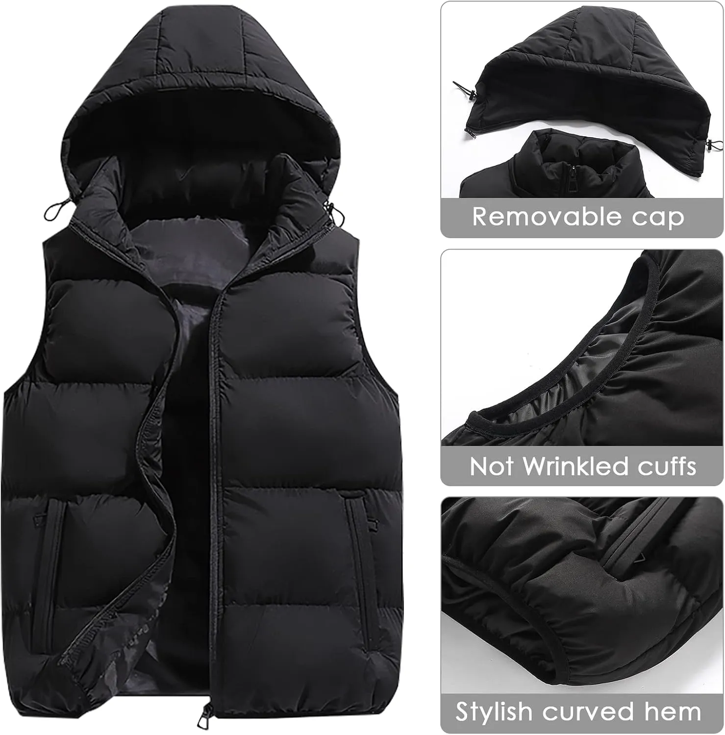 SEAUR Men Puffer Vest Winter Padded Vest Down Vest Sleeveless Jacket Lightweight Gilet Casual Hood Gilet Insulated Vest