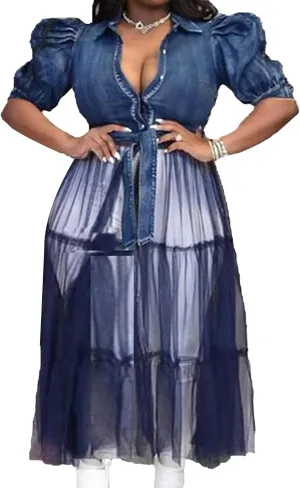 SEMATOMALA Women's Denim Blouse Top Mesh Dress Puffy Short Sleeve Jeans Jacket Patchwork Sheer Maxi Dress BE-S