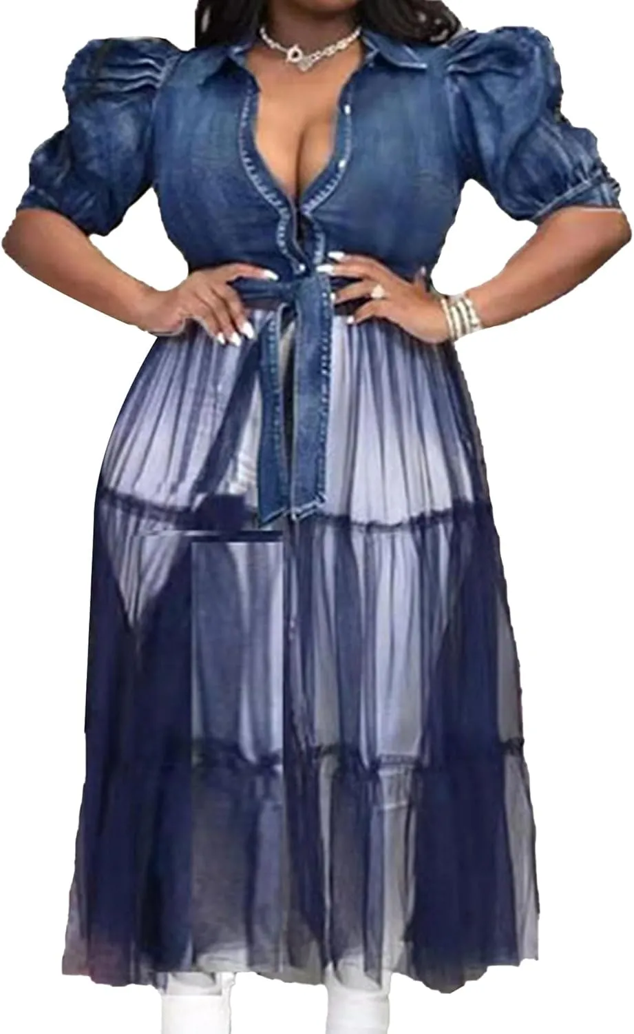 SEMATOMALA Women's Denim Blouse Top Mesh Dress Puffy Short Sleeve Jeans Jacket Patchwork Sheer Maxi Dress BE-S