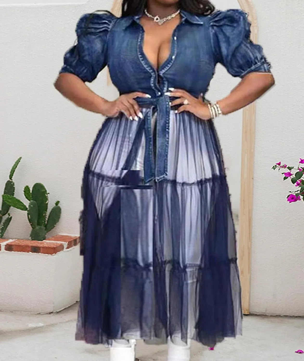 SEMATOMALA Women's Denim Blouse Top Mesh Dress Puffy Short Sleeve Jeans Jacket Patchwork Sheer Maxi Dress BE-S