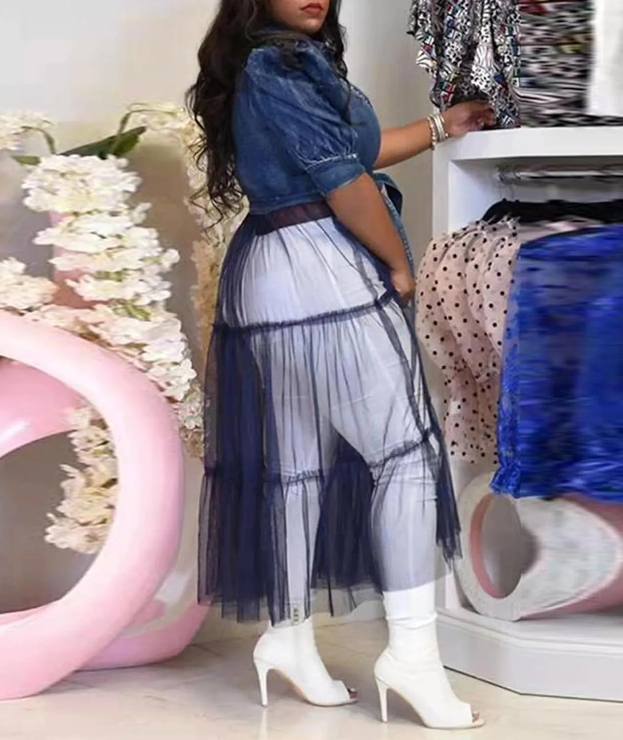 SEMATOMALA Women's Denim Blouse Top Mesh Dress Puffy Short Sleeve Jeans Jacket Patchwork Sheer Maxi Dress BE-S