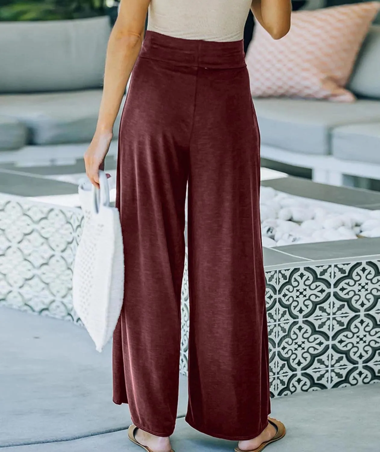 SEMATOMALA Women's Tie Knot High Waist Split Palazzo Pants Wide Leg Flowy Boho Plain Yoga Lounge Beach Vacation Trousers