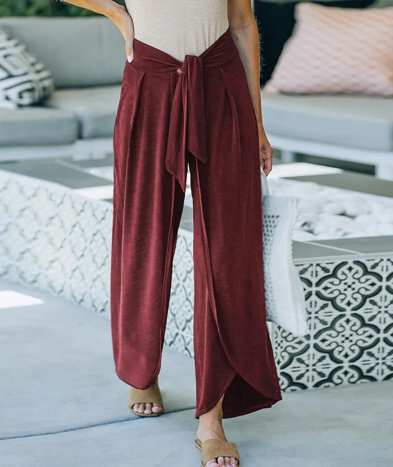 SEMATOMALA Women's Tie Knot High Waist Split Palazzo Pants Wide Leg Flowy Boho Plain Yoga Lounge Beach Vacation Trousers