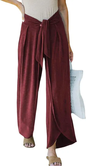 SEMATOMALA Women's Tie Knot High Waist Split Palazzo Pants Wide Leg Flowy Boho Plain Yoga Lounge Beach Vacation Trousers