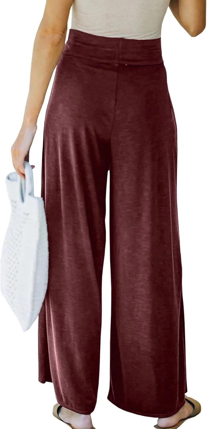 SEMATOMALA Women's Tie Knot High Waist Split Palazzo Pants Wide Leg Flowy Boho Plain Yoga Lounge Beach Vacation Trousers