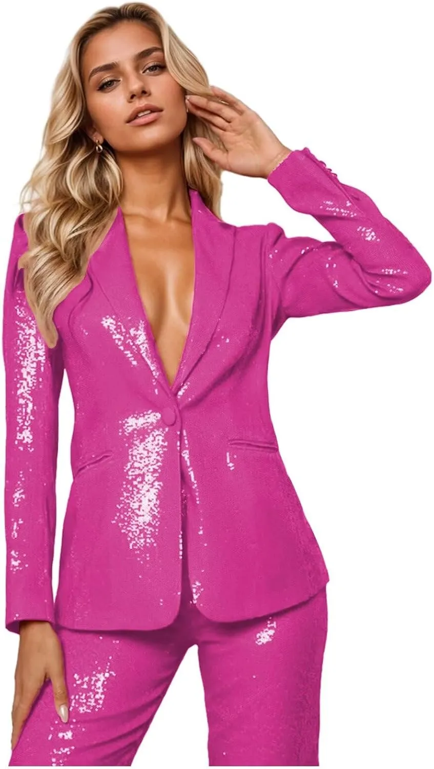 Sequin Womens Suit 2 Piece Set Dressy Sexy V Neck Wedding Tuxedos Glitter Sparkly Blazer Pants Prom Party Outfit