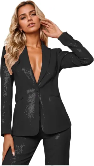 Sequin Womens Suit 2 Piece Set Dressy Sexy V Neck Wedding Tuxedos Glitter Sparkly Blazer Pants Prom Party Outfit
