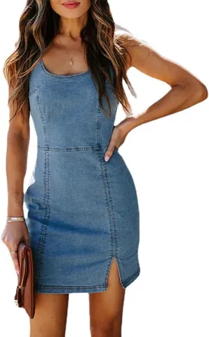 Sexy Jeans Denim Dresses for Women Racerback Bodycon Corset Tube Mini Dress Split Party Dress for Club Night