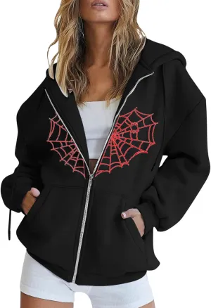 SHAOBGE Fall Sweatshirts for Women Zip Up Hoodies Oversized Sweatshirt Y2K Clothing Casual Drawstring Jacket with Pockets