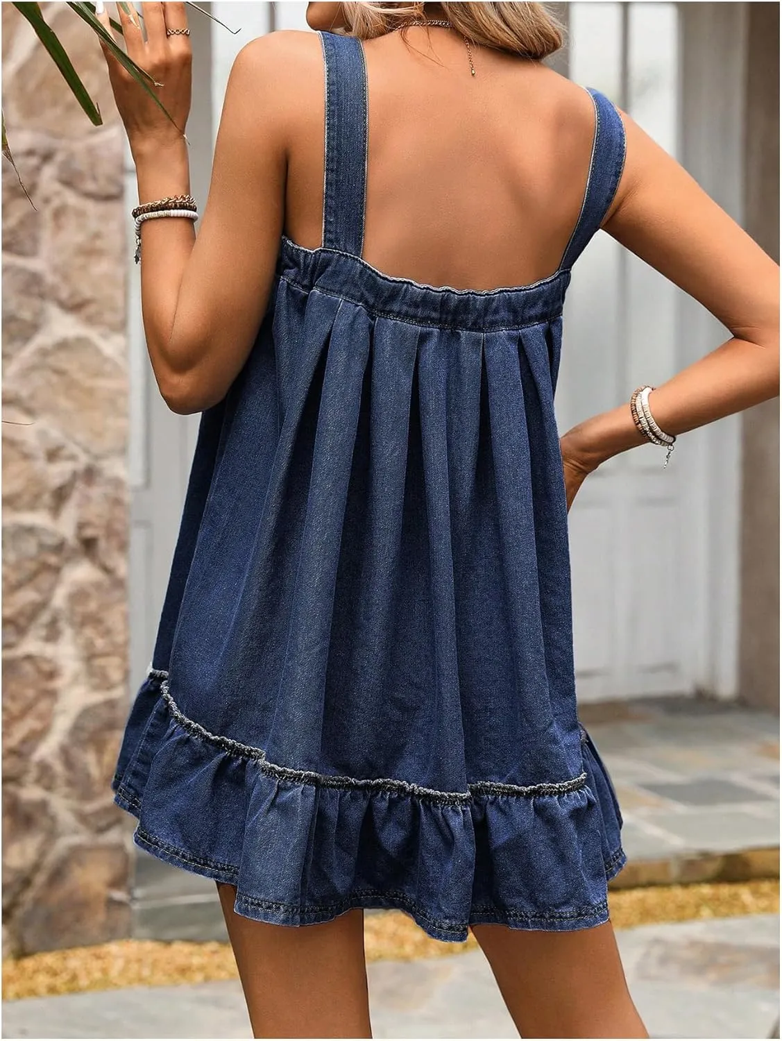 SHENHE Women's Ruffle Hem Denim Mini Dress Sleeveless Button Up Flowy Jean Tank Dresses