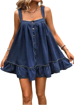SHENHE Women's Ruffle Hem Denim Mini Dress Sleeveless Button Up Flowy Jean Tank Dresses