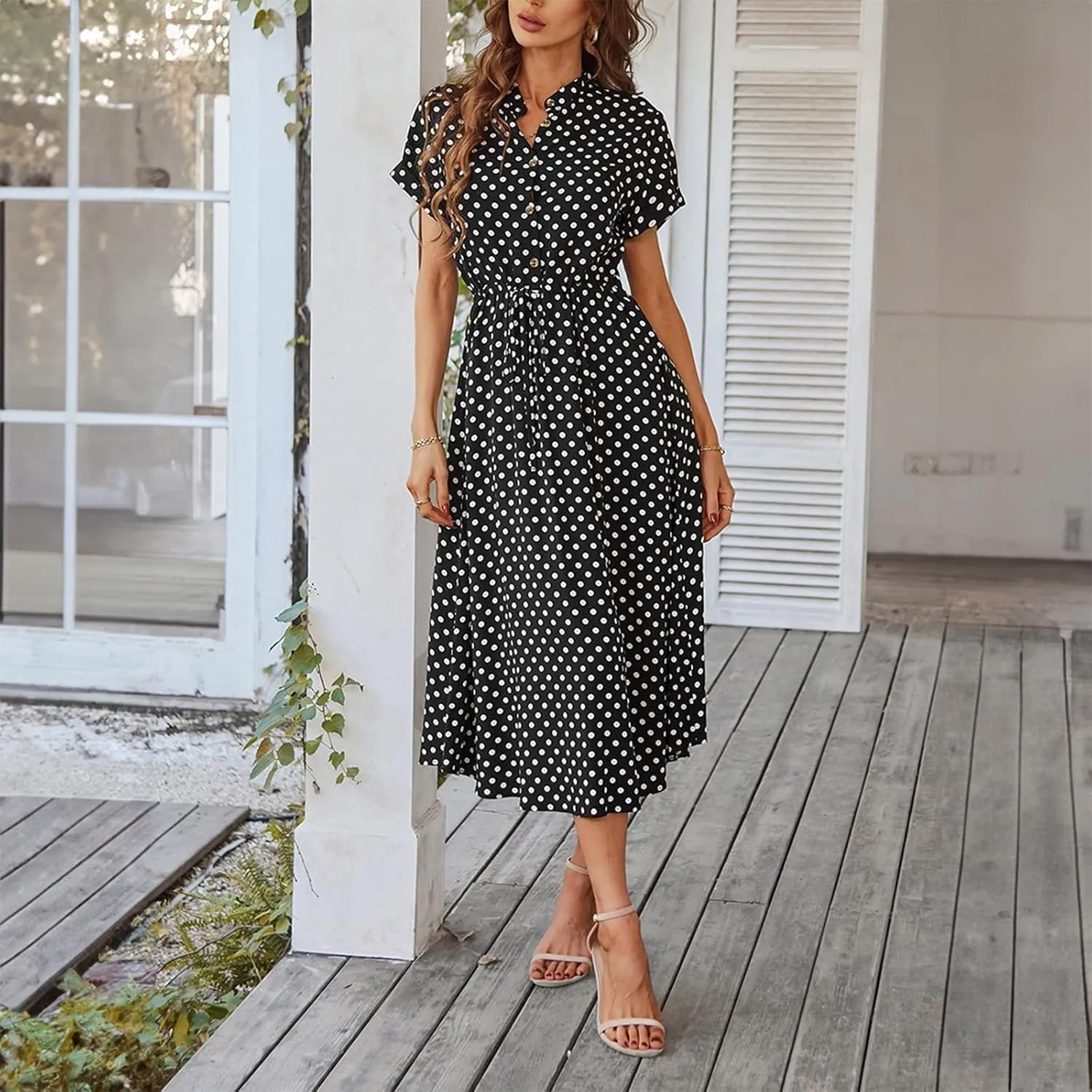 Short Sleeve Dress for Women V Neck Polka dot Button Midi Dresses Elastic Waist Summer Dressy Casual Work Dresses