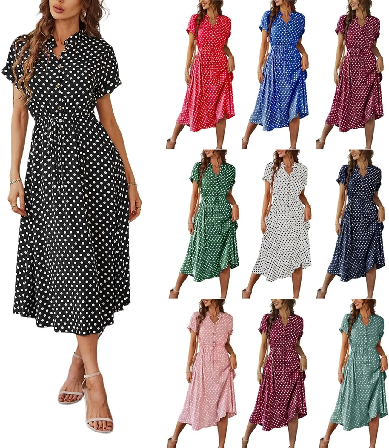 Short Sleeve Dress for Women V Neck Polka dot Button Midi Dresses Elastic Waist Summer Dressy Casual Work Dresses