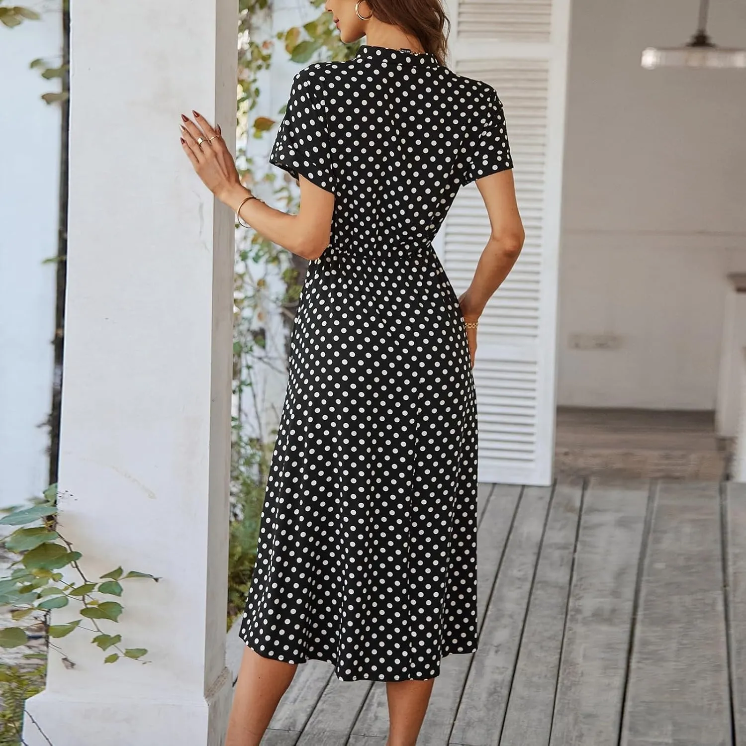 Short Sleeve Dress for Women V Neck Polka dot Button Midi Dresses Elastic Waist Summer Dressy Casual Work Dresses