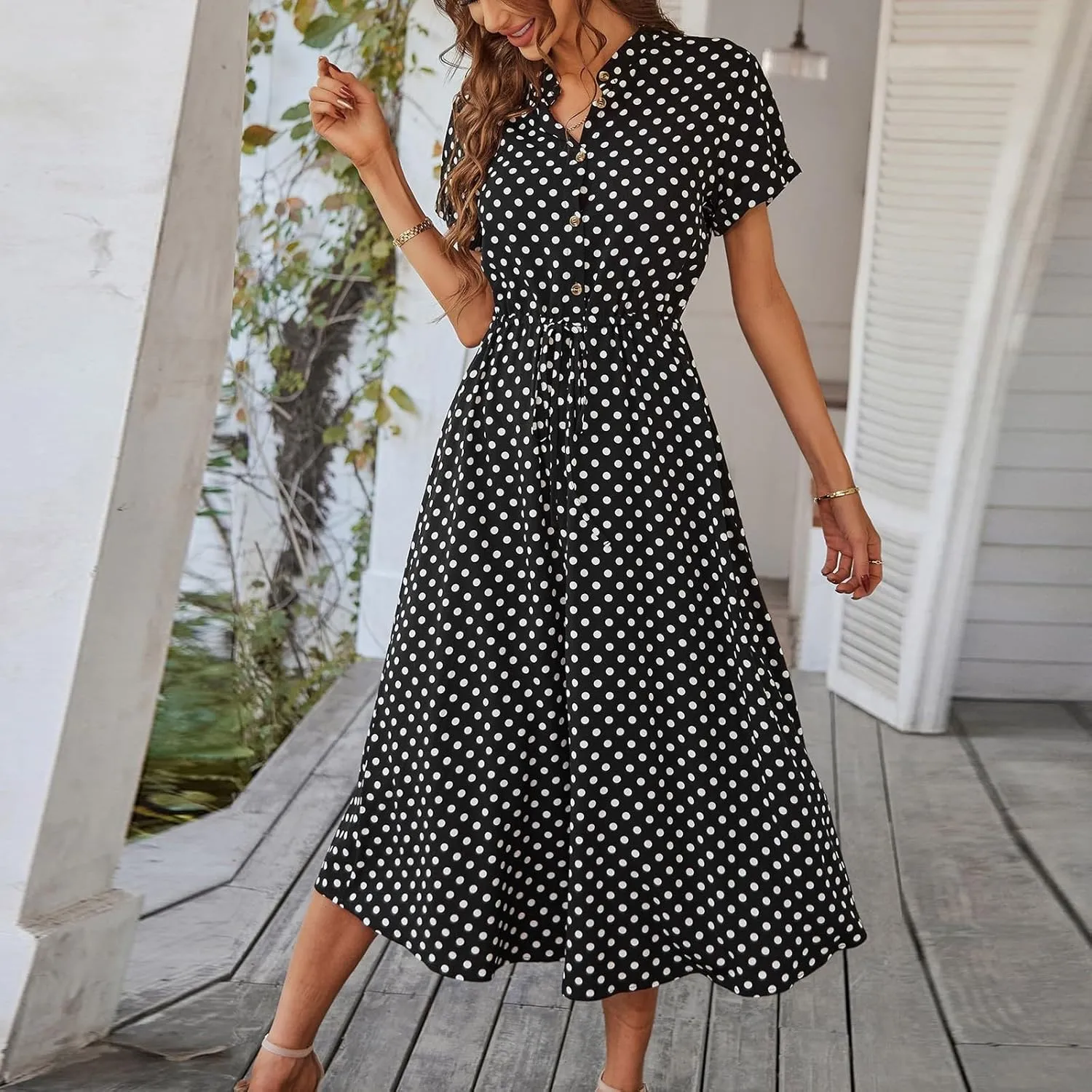 Short Sleeve Dress for Women V Neck Polka dot Button Midi Dresses Elastic Waist Summer Dressy Casual Work Dresses