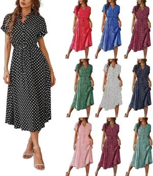Short Sleeve Dress for Women V Neck Polka dot Button Midi Dresses Elastic Waist Summer Dressy Casual Work Dresses