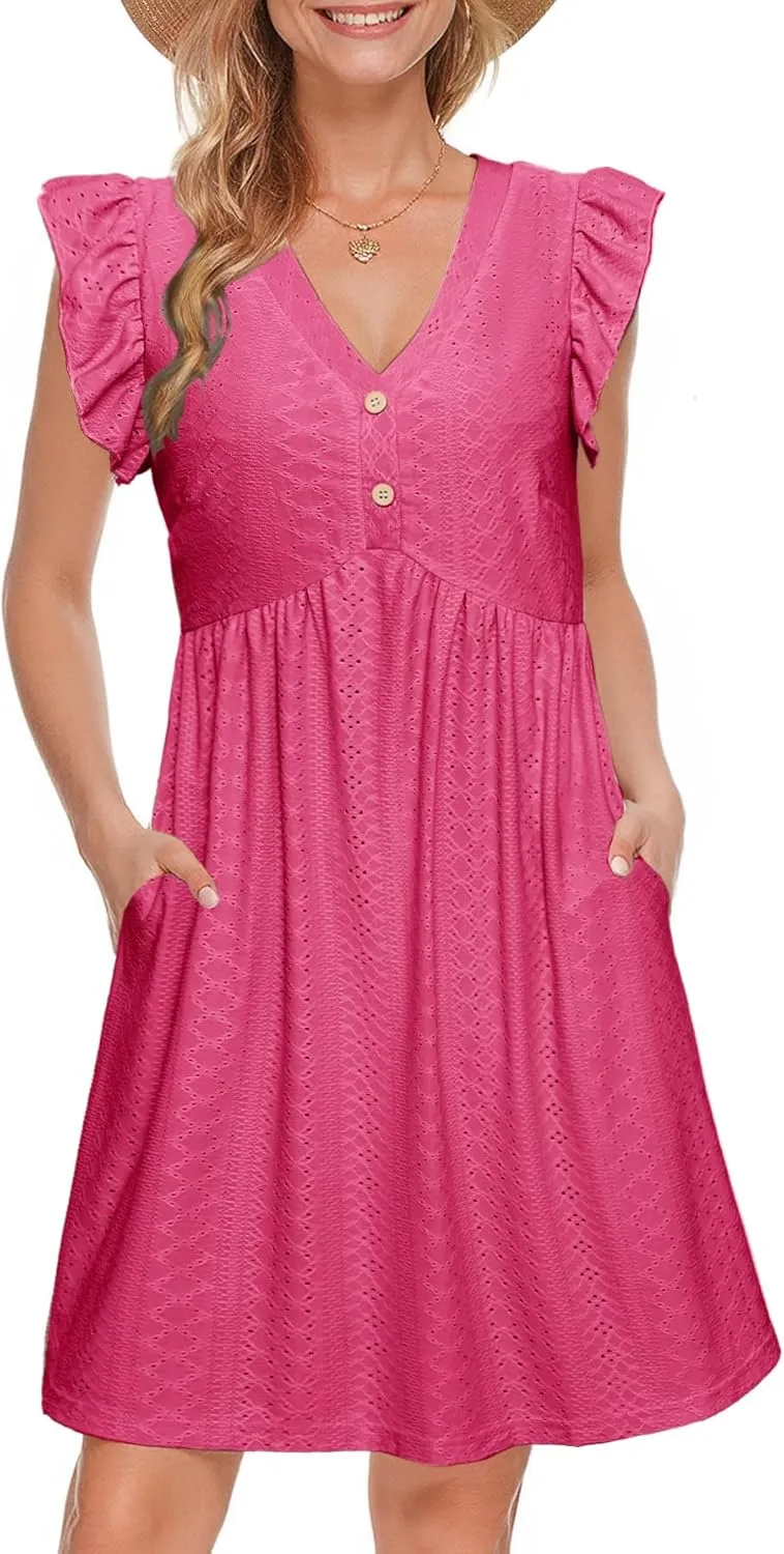 Simplee Womens Summer Short Sundress Casual Ruffle Sleeve Mini Dress 2025 Boho Beach Wedding Guest Eyelet Dresses with Pocket