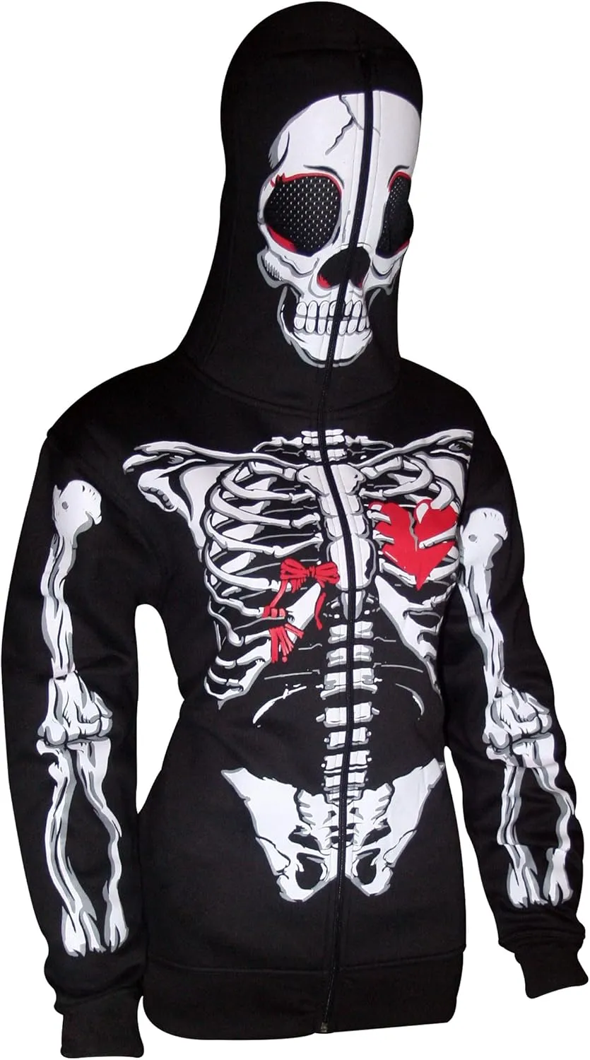 Skylinewears Women's Full-Zip Hoodie with Skeleton Skull Print Oversized Gothic Sweatshirt for Halloween Costume