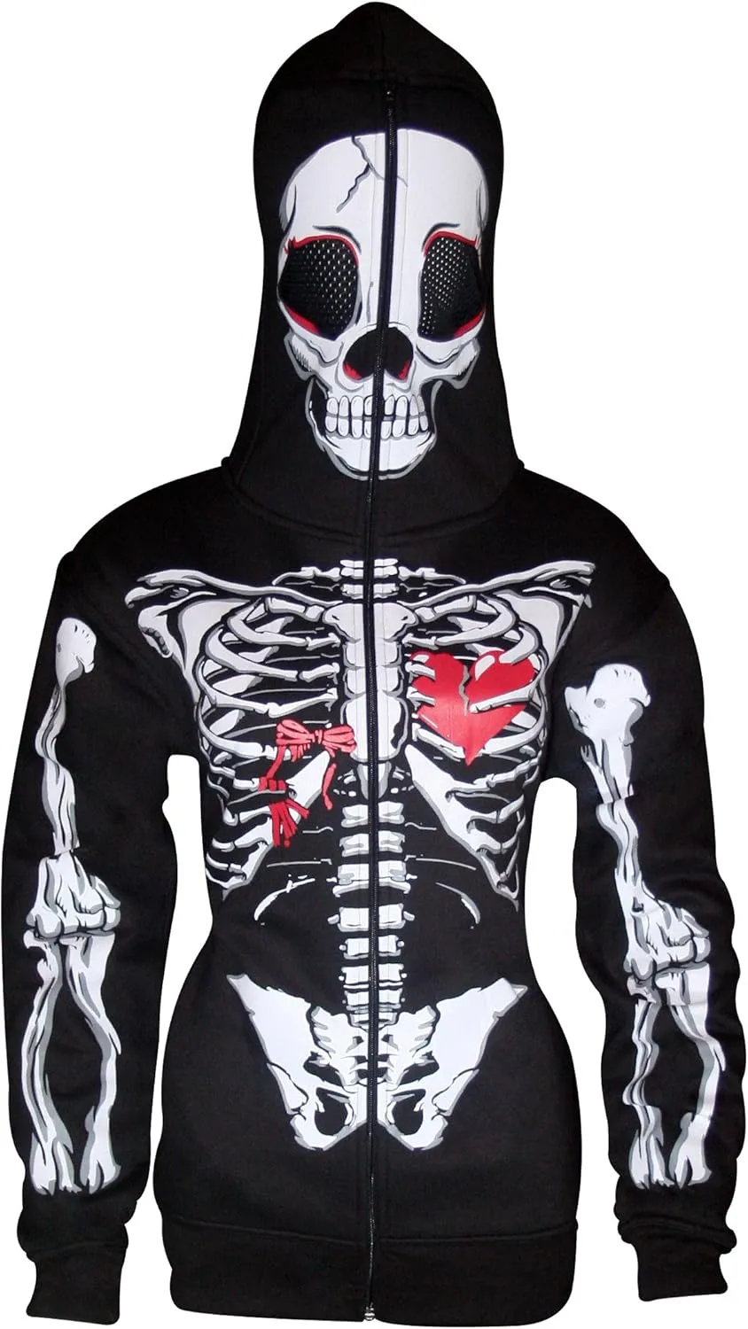 Skylinewears Women's Full-Zip Hoodie with Skeleton Skull Print Oversized Gothic Sweatshirt for Halloween Costume