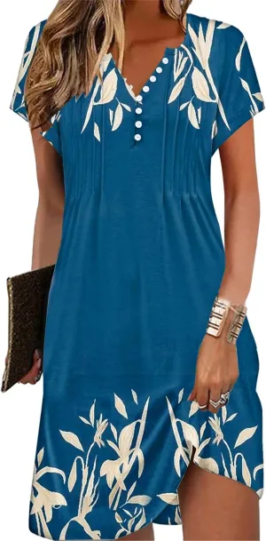 Soesdemo Womens Summer Dresses Short Rolled Sleeve Pleated Button Down V Neck Casual Beach Shift Sundresses with Pockets