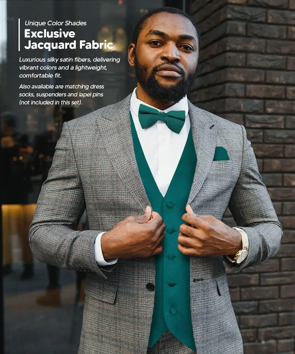 Solid Suit Vest for Men Set of 4 - Vest, Tie, Bow Tie & Pocket Square (Black Back)