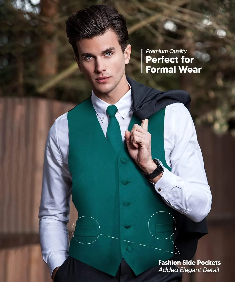 Solid Suit Vest for Men Set of 4 - Vest, Tie, Bow Tie & Pocket Square (Black Back)