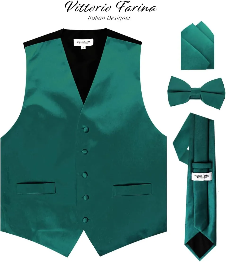 Solid Suit Vest for Men Set of 4 - Vest, Tie, Bow Tie & Pocket Square (Black Back)