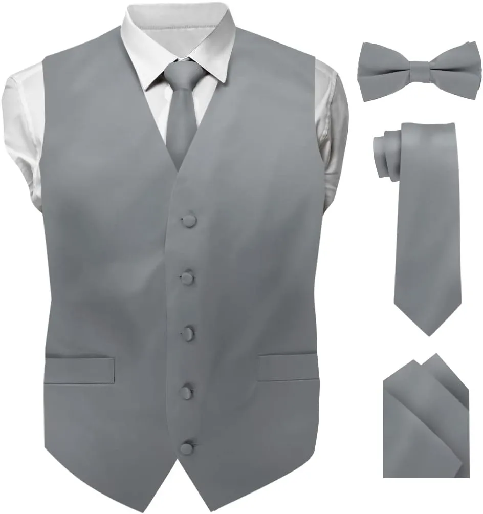 Solid Suit Vest for Men Set of 4 - Vest, Tie, Bow Tie & Pocket Square (White Back)