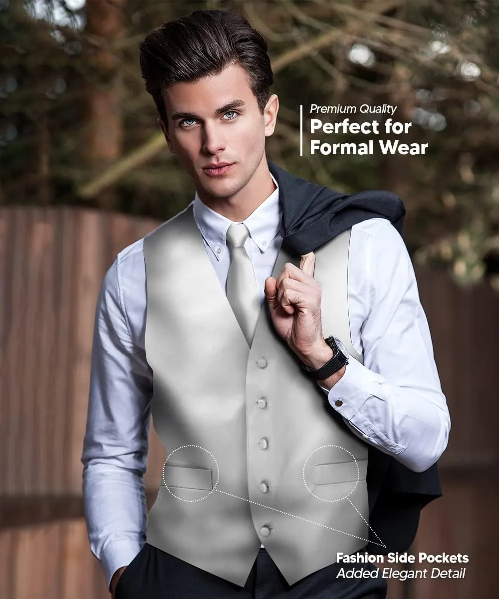Solid Suit Vest for Men Set of 4 - Vest, Tie, Bow Tie & Pocket Square (White Back)