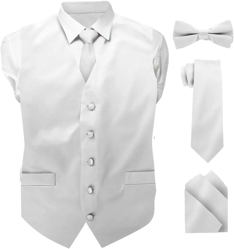 Solid Suit Vest for Men Set of 4 - Vest, Tie, Bow Tie & Pocket Square (White Back)