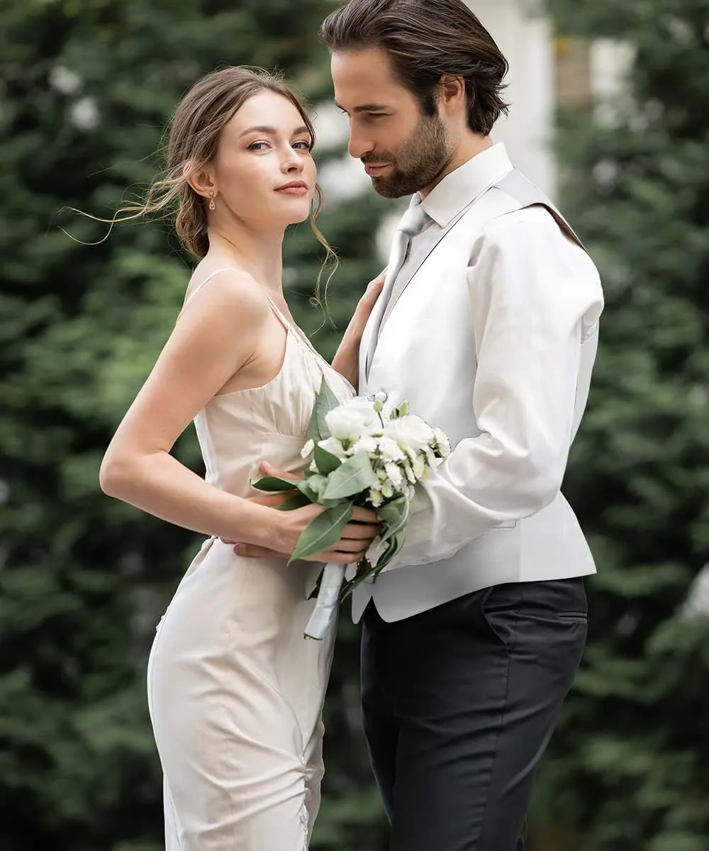 Solid Suit Vest for Men Set of 4 - Vest, Tie, Bow Tie & Pocket Square (White Back)