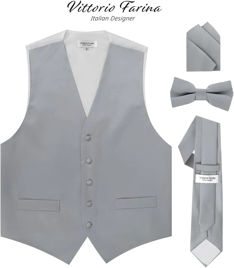 Solid Suit Vest for Men Set of 4 - Vest, Tie, Bow Tie & Pocket Square (White Back)