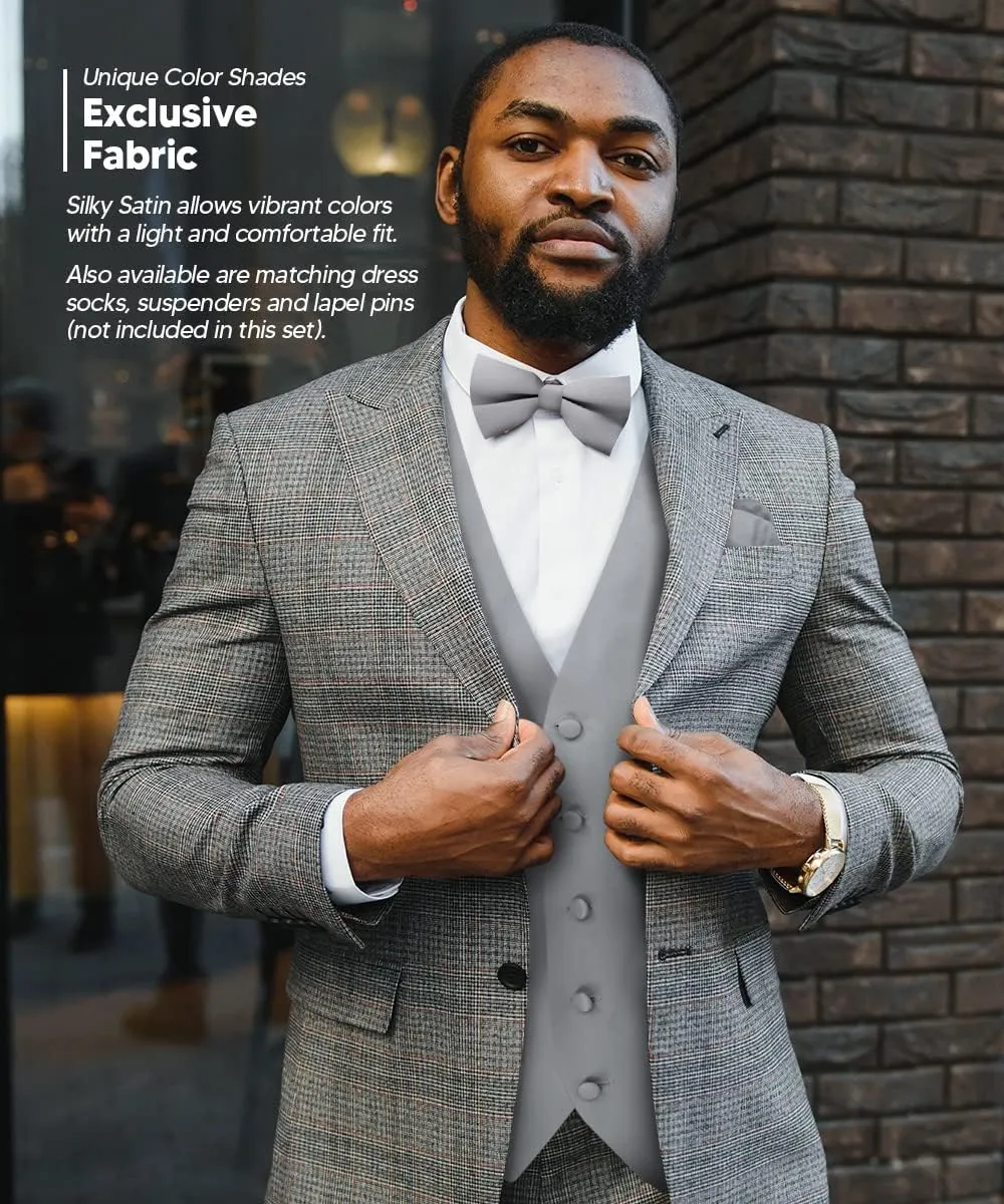 Solid Suit Vest for Men Set of 4 - Vest, Tie, Bow Tie & Pocket Square (White Back)