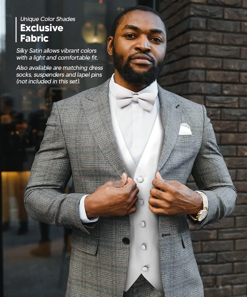 Solid Suit Vest for Men Set of 4 - Vest, Tie, Bow Tie & Pocket Square (White Back)